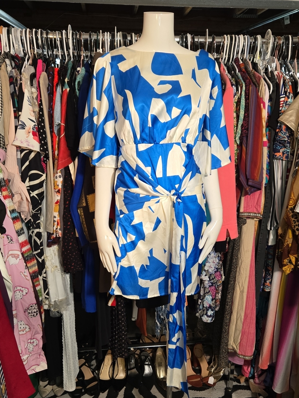 Flying Tomato Blue & White Abstract Tie-Front Mini Dress